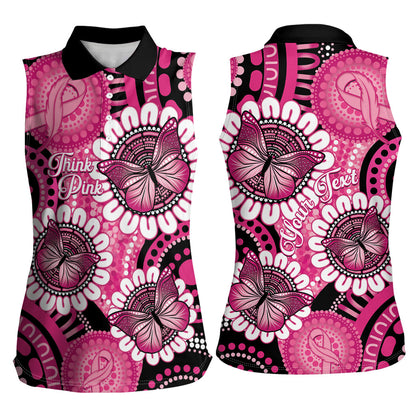 Personalised Australia Indigenous Women Sleeveless Polo Shirt Breast Cancer Ribbon Think Pink - Black Version