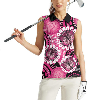 Personalised Australia Indigenous Women Sleeveless Polo Shirt Breast Cancer Ribbon Think Pink - Black Version