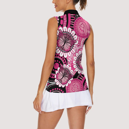 Personalised Australia Indigenous Women Sleeveless Polo Shirt Breast Cancer Ribbon Think Pink - Black Version