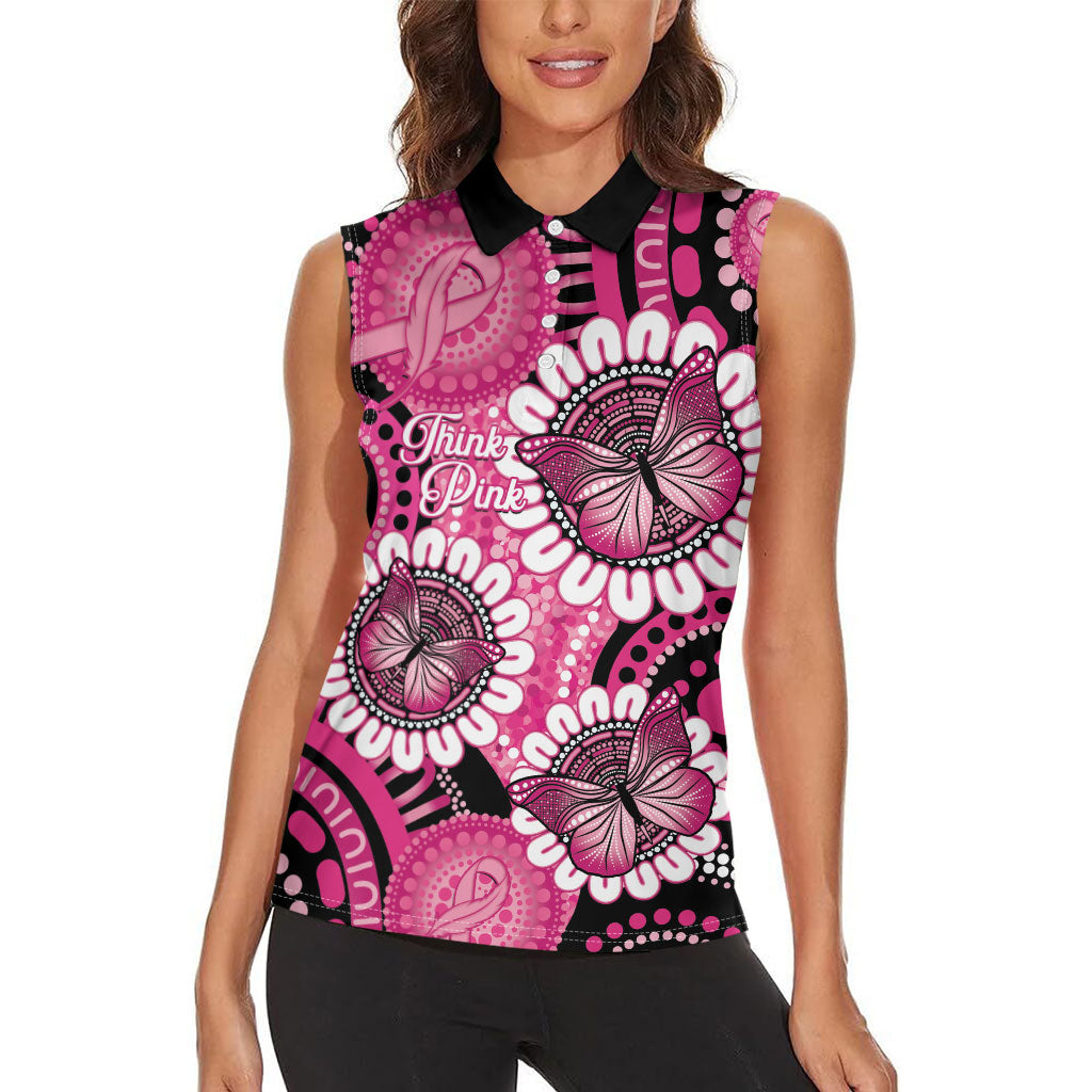 Personalised Australia Indigenous Women Sleeveless Polo Shirt Breast Cancer Ribbon Think Pink - Black Version