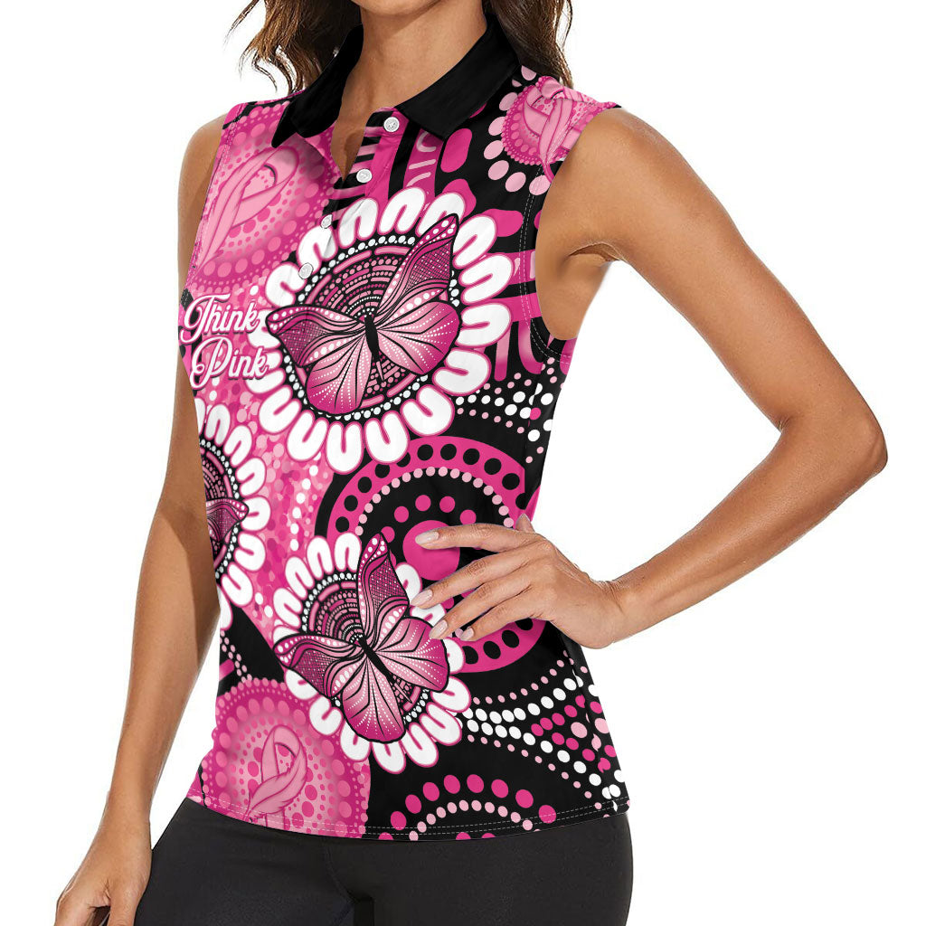 Personalised Australia Indigenous Women Sleeveless Polo Shirt Breast Cancer Ribbon Think Pink - Black Version