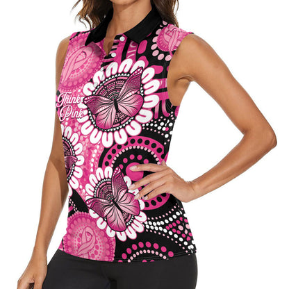 Personalised Australia Indigenous Women Sleeveless Polo Shirt Breast Cancer Ribbon Think Pink - Black Version