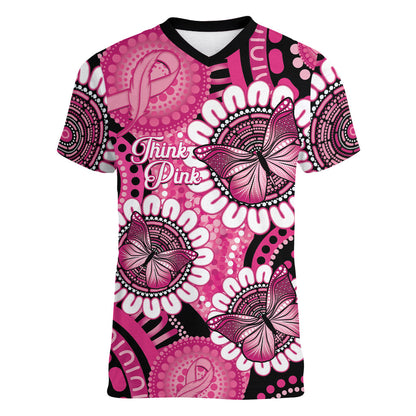 Personalised Australia Indigenous Women V-Neck T-Shirt Breast Cancer Ribbon Think Pink - Black Version