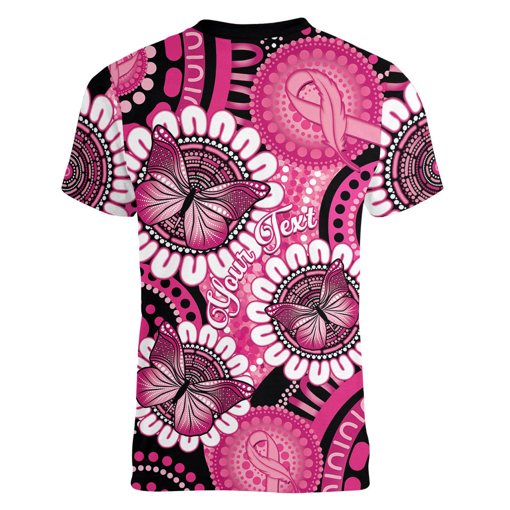 Personalised Australia Indigenous Women V-Neck T-Shirt Breast Cancer Ribbon Think Pink - Black Version