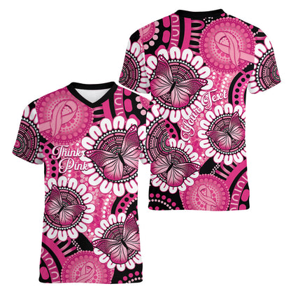 Personalised Australia Indigenous Women V-Neck T-Shirt Breast Cancer Ribbon Think Pink - Black Version