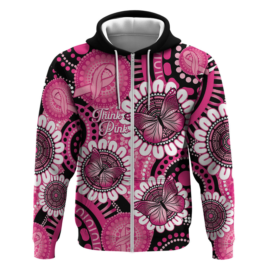 Personalised Australia Indigenous Zip Hoodie Breast Cancer Ribbon Think Pink - Black Version