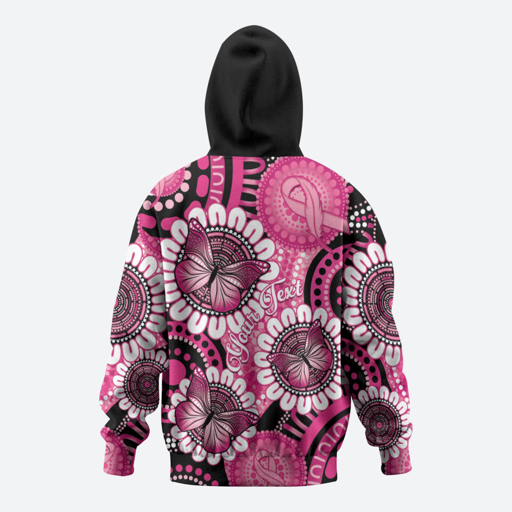 Personalised Australia Indigenous Zip Hoodie Breast Cancer Ribbon Think Pink - Black Version
