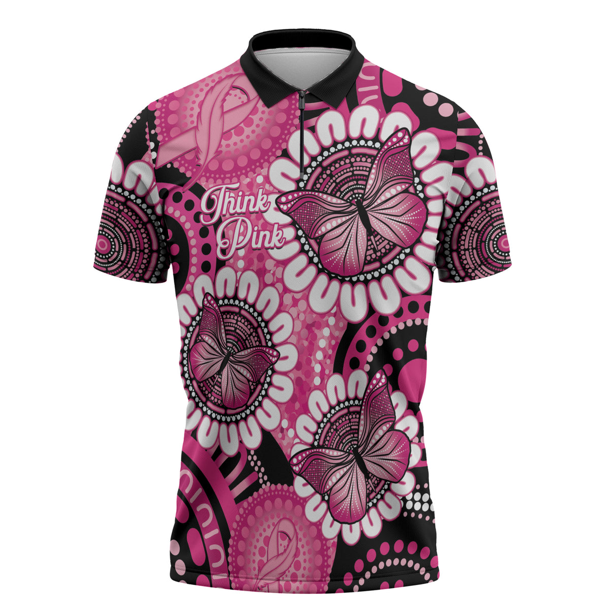Personalised Australia Indigenous Zipper Polo Shirt Breast Cancer Ribbon Think Pink - Black Version