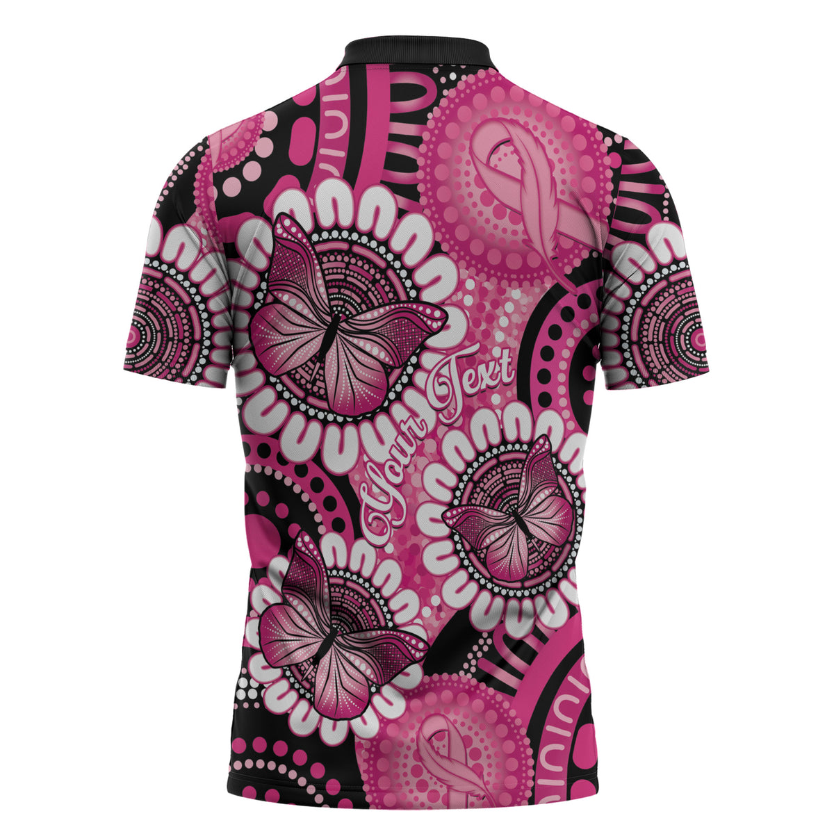 Personalised Australia Indigenous Zipper Polo Shirt Breast Cancer Ribbon Think Pink - Black Version
