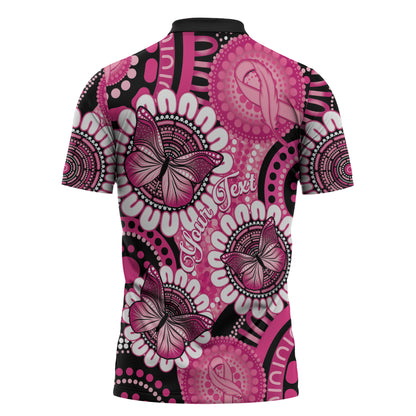 Personalised Australia Indigenous Zipper Polo Shirt Breast Cancer Ribbon Think Pink - Black Version