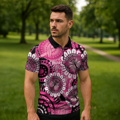 Personalised Australia Indigenous Zipper Polo Shirt Breast Cancer Ribbon Think Pink - Black Version