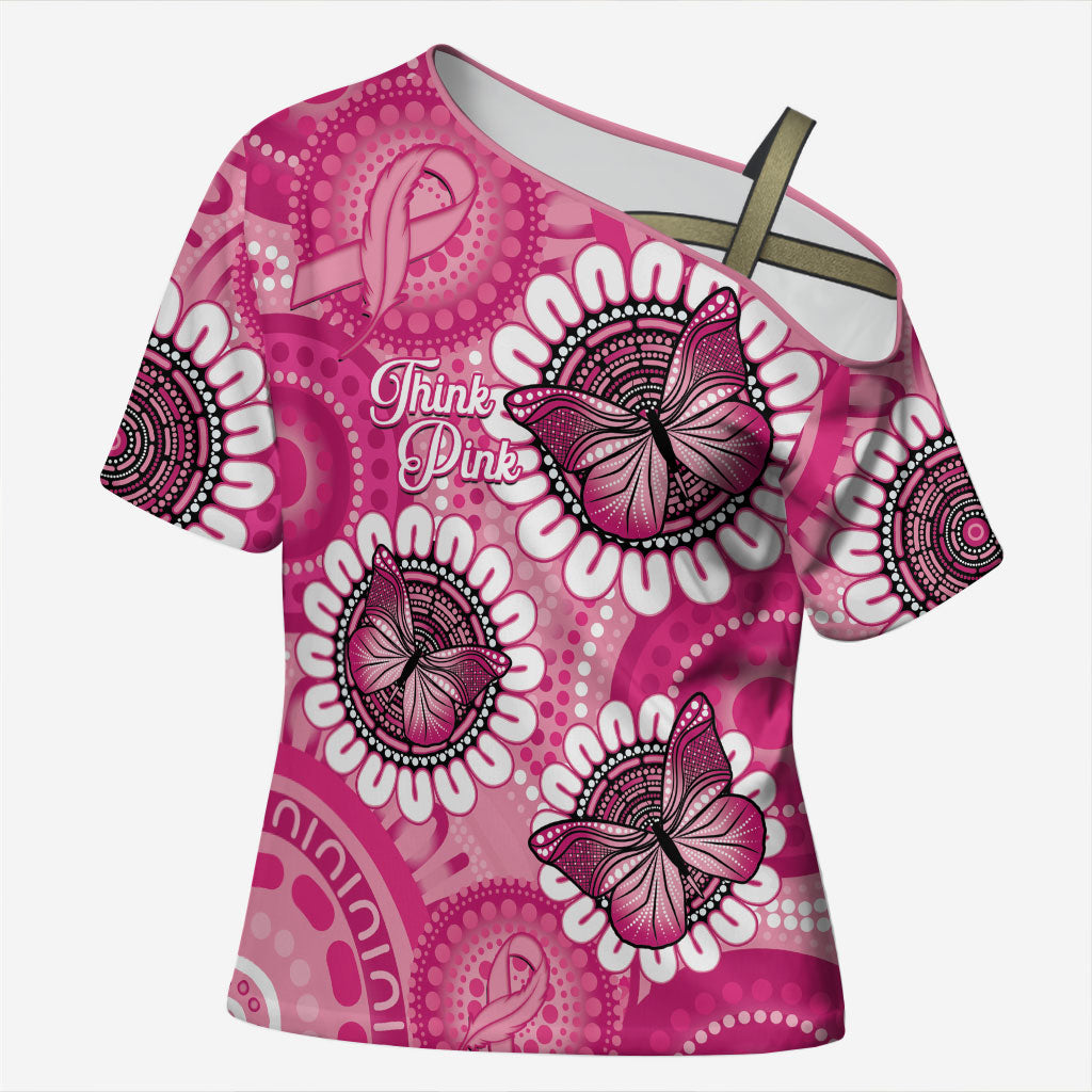 Personalised Australia Indigenous Cross Shoulder Shirt Breast Cancer Ribbon Think Pink - Pink Version