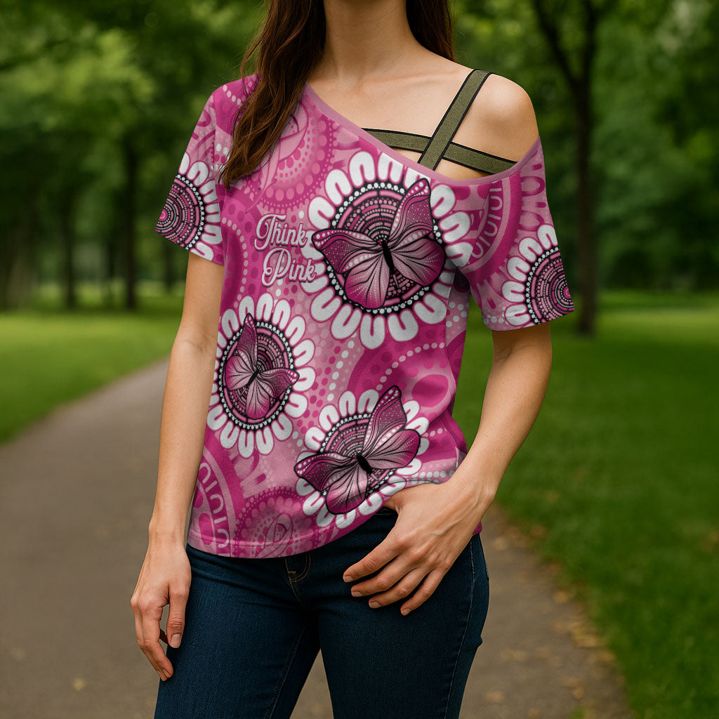 Personalised Australia Indigenous Cross Shoulder Shirt Breast Cancer Ribbon Think Pink - Pink Version