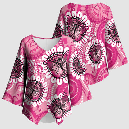Personalised Australia Indigenous Kimono Sleeve Blouse Breast Cancer Ribbon Think Pink - Pink Version