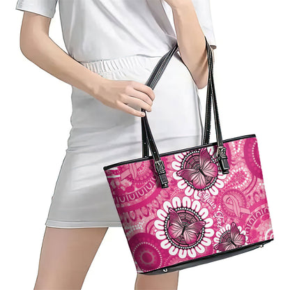 Personalised Australia Indigenous Leather Tote Bag Breast Cancer Ribbon Think Pink - Pink Version