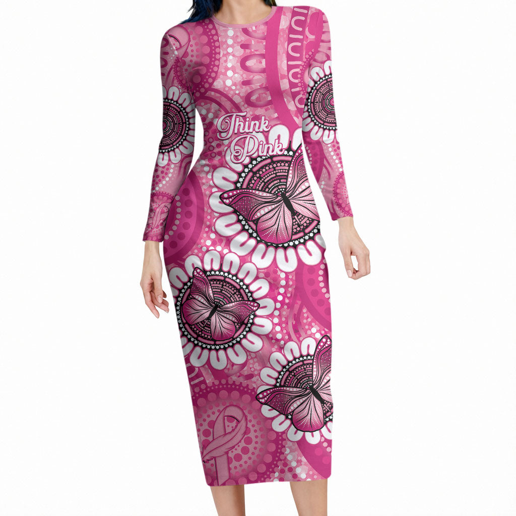 Personalised Australia Indigenous Long Sleeve Bodycon Dress Breast Cancer Ribbon Think Pink - Pink Version