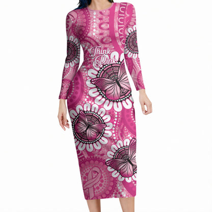Personalised Australia Indigenous Long Sleeve Bodycon Dress Breast Cancer Ribbon Think Pink - Pink Version