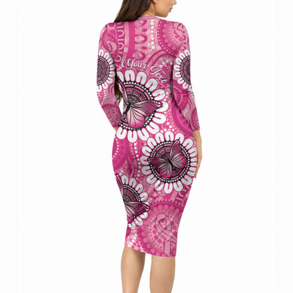 Personalised Australia Indigenous Long Sleeve Bodycon Dress Breast Cancer Ribbon Think Pink - Pink Version