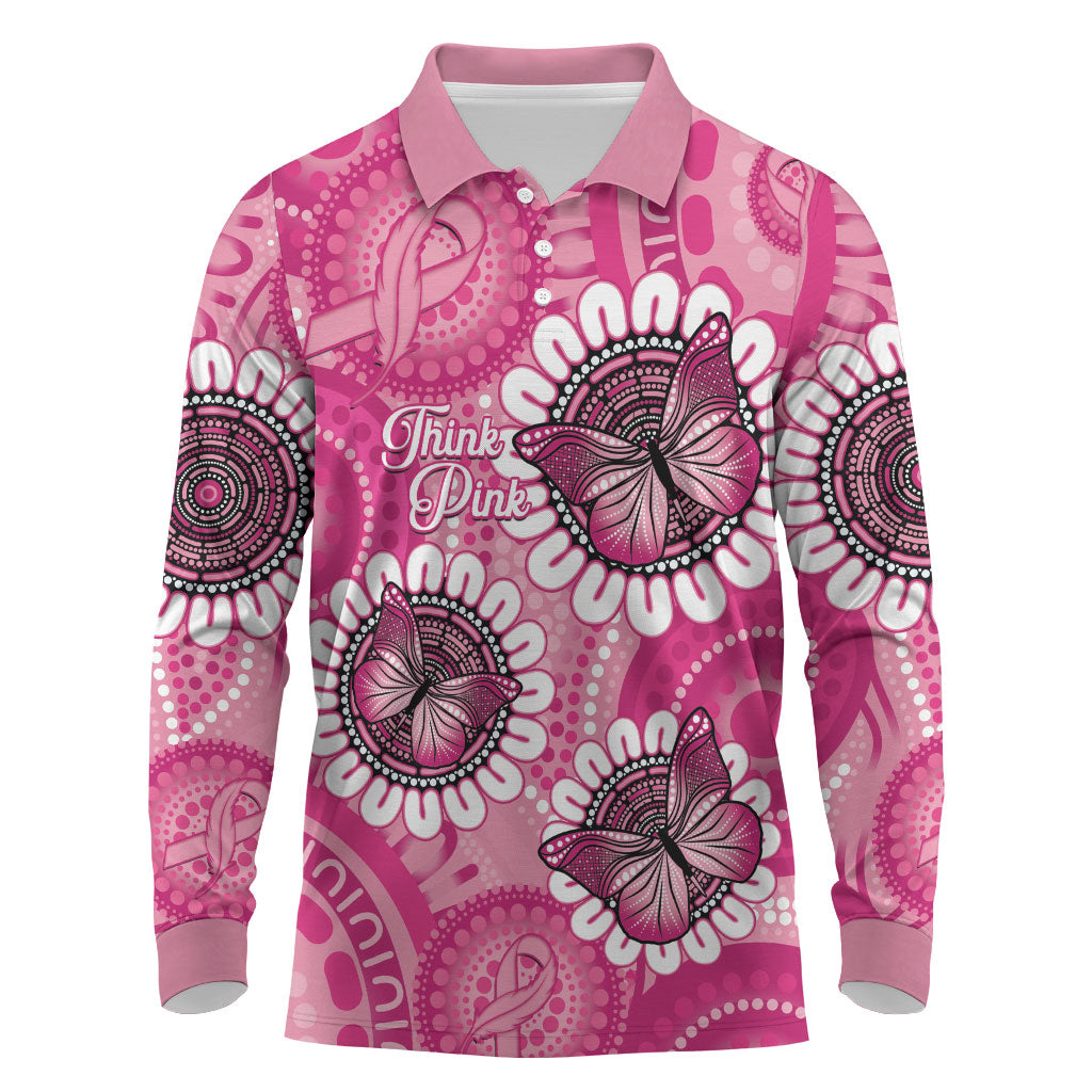 Personalised Australia Indigenous Long Sleeve Polo Shirt Breast Cancer Ribbon Think Pink - Pink Version