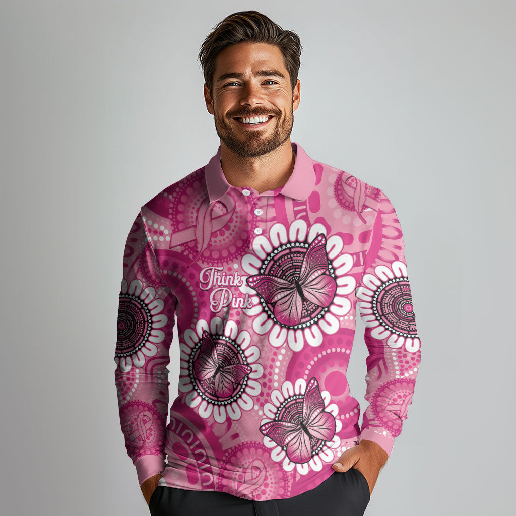 Personalised Australia Indigenous Long Sleeve Polo Shirt Breast Cancer Ribbon Think Pink - Pink Version