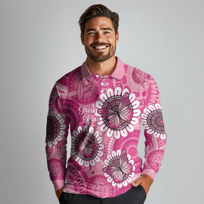 Personalised Australia Indigenous Long Sleeve Polo Shirt Breast Cancer Ribbon Think Pink - Pink Version