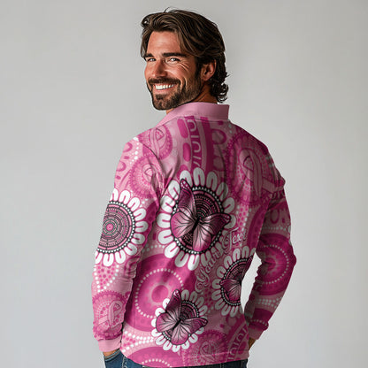 Personalised Australia Indigenous Long Sleeve Polo Shirt Breast Cancer Ribbon Think Pink - Pink Version