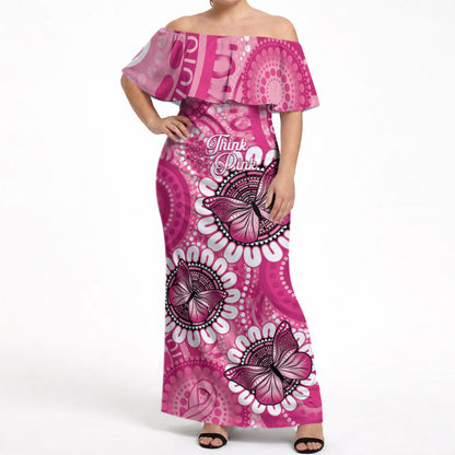 Personalised Australia Indigenous Off Shoulder Maxi Dress Breast Cancer Ribbon Think Pink - Pink Version