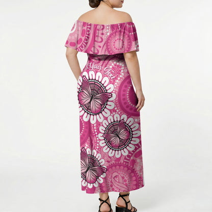 Personalised Australia Indigenous Off Shoulder Maxi Dress Breast Cancer Ribbon Think Pink - Pink Version