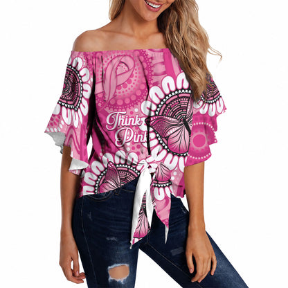 Personalised Australia Indigenous Off Shoulder Wrap Waist Top Breast Cancer Ribbon Think Pink - Pink Version