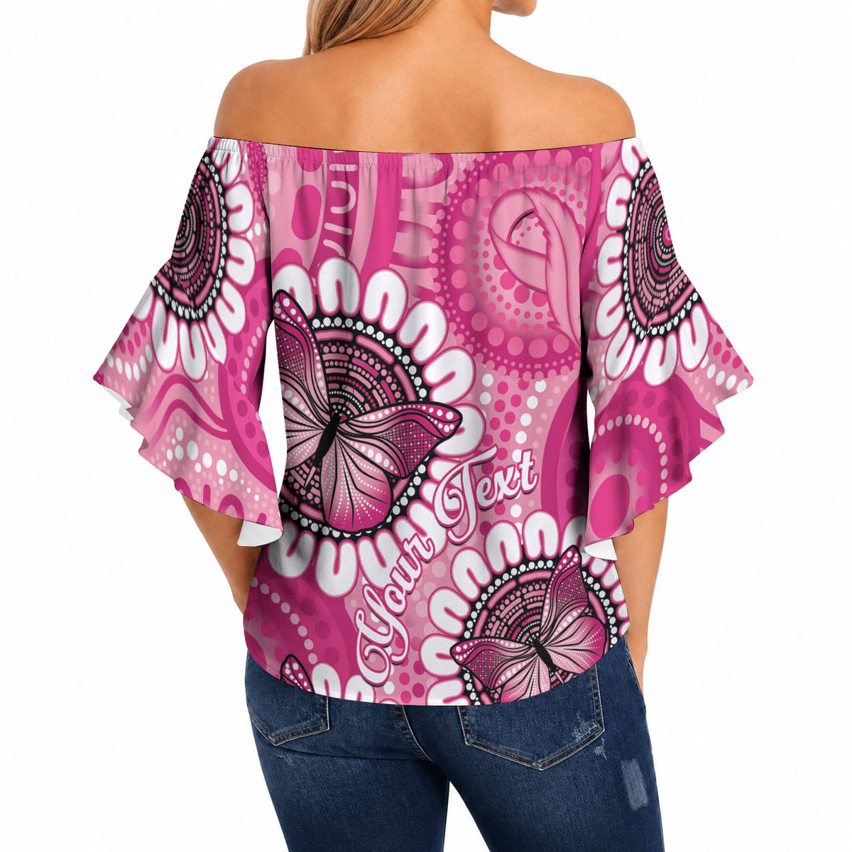Personalised Australia Indigenous Off Shoulder Wrap Waist Top Breast Cancer Ribbon Think Pink - Pink Version