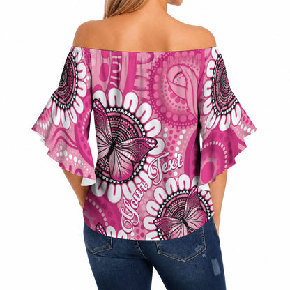 Personalised Australia Indigenous Off Shoulder Wrap Waist Top Breast Cancer Ribbon Think Pink - Pink Version