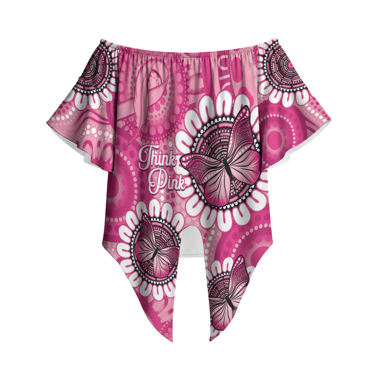 Personalised Australia Indigenous Off Shoulder Wrap Waist Top Breast Cancer Ribbon Think Pink - Pink Version