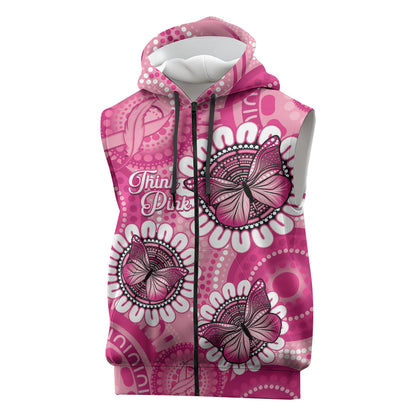 Personalised Australia Indigenous Sleeveless Zip Hoodie Breast Cancer Ribbon Think Pink - Pink Version