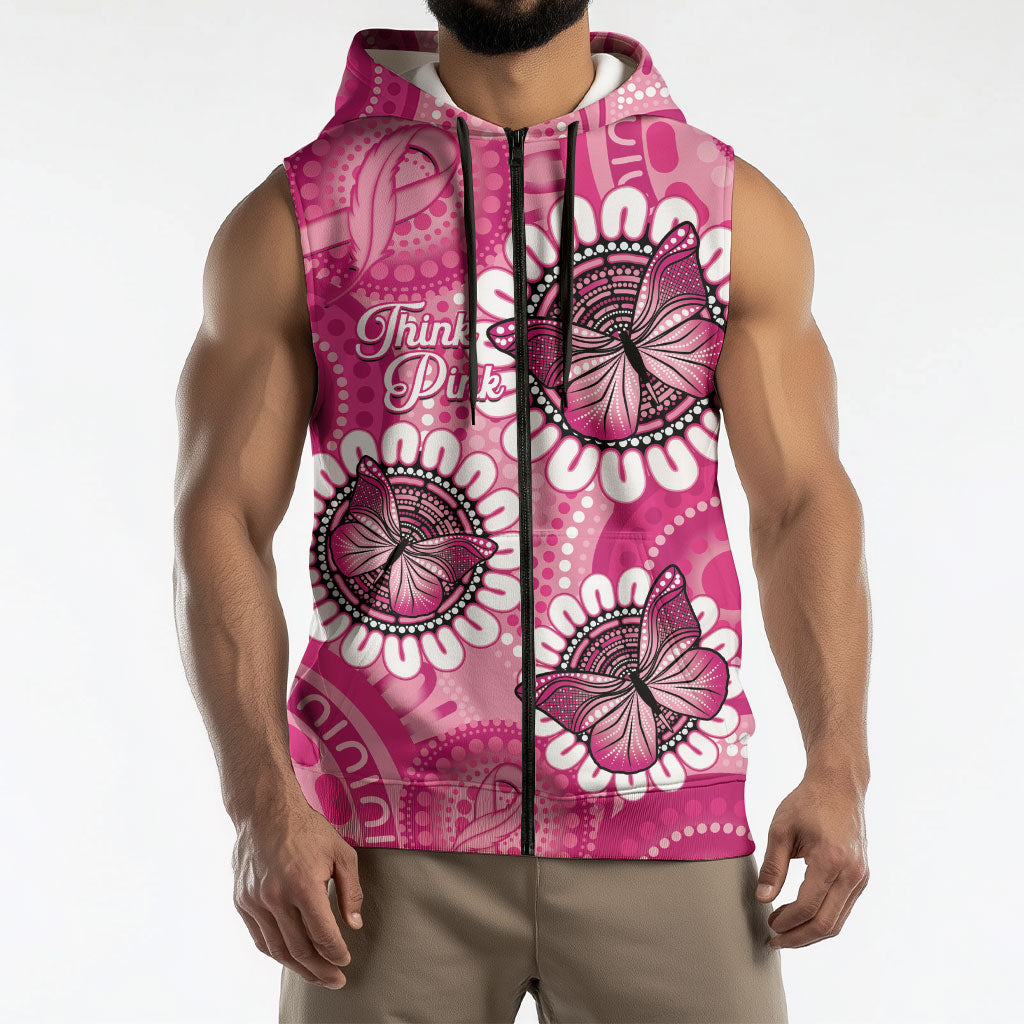 Personalised Australia Indigenous Sleeveless Zip Hoodie Breast Cancer Ribbon Think Pink - Pink Version