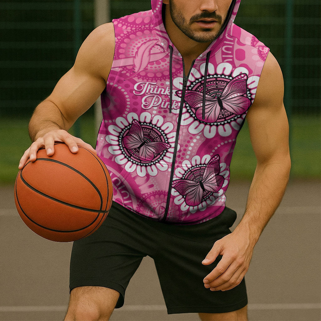 Personalised Australia Indigenous Sleeveless Zip Hoodie Breast Cancer Ribbon Think Pink - Pink Version