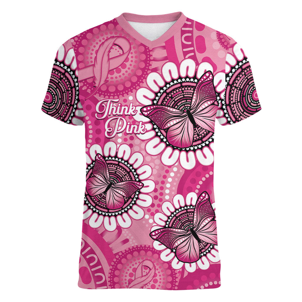 Personalised Australia Indigenous Women V-Neck T-Shirt Breast Cancer Ribbon Think Pink - Pink Version