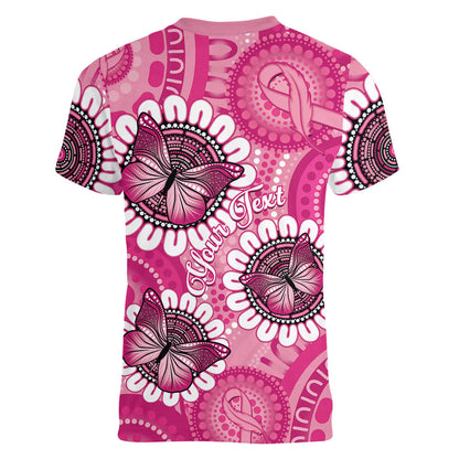 Personalised Australia Indigenous Women V-Neck T-Shirt Breast Cancer Ribbon Think Pink - Pink Version