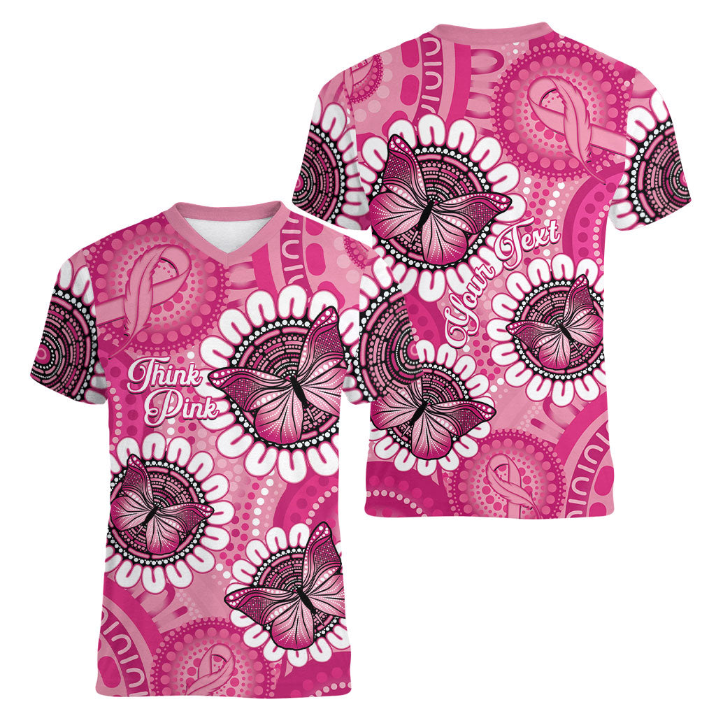 Personalised Australia Indigenous Women V-Neck T-Shirt Breast Cancer Ribbon Think Pink - Pink Version