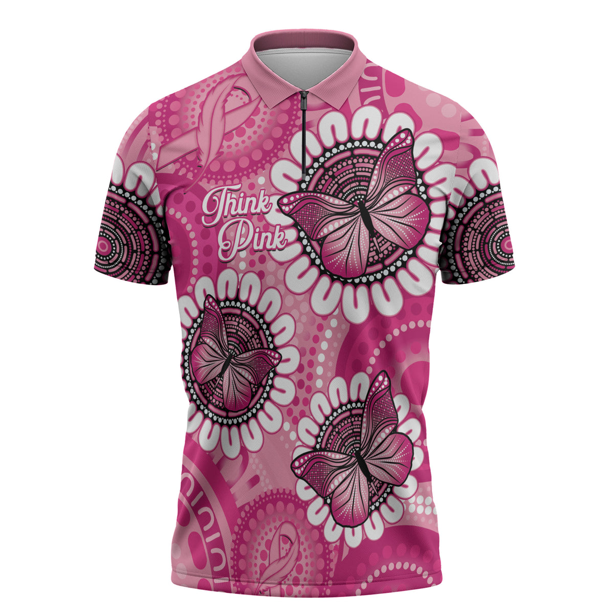 Personalised Australia Indigenous Zipper Polo Shirt Breast Cancer Ribbon Think Pink - Pink Version
