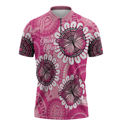 Personalised Australia Indigenous Zipper Polo Shirt Breast Cancer Ribbon Think Pink - Pink Version