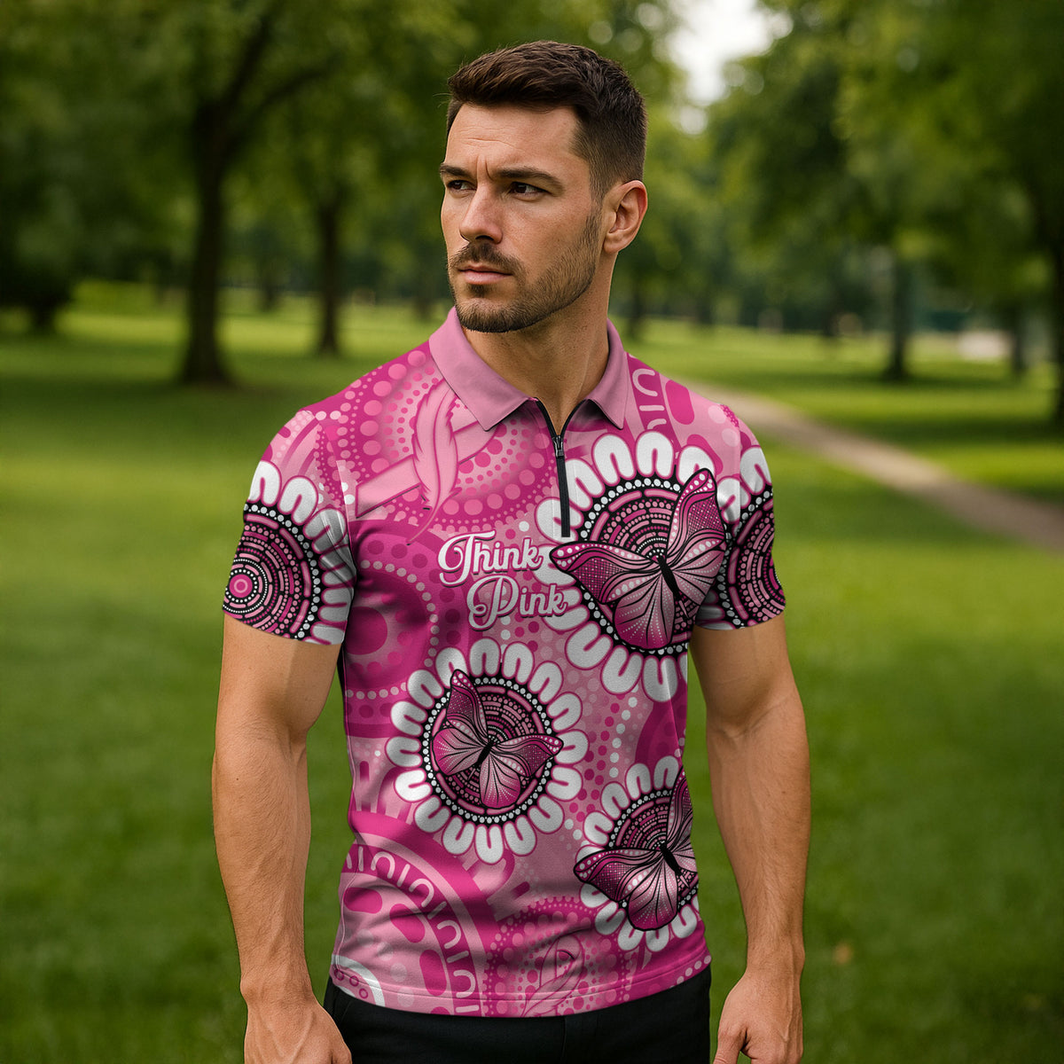 Personalised Australia Indigenous Zipper Polo Shirt Breast Cancer Ribbon Think Pink - Pink Version