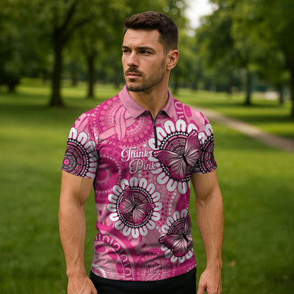 Personalised Australia Indigenous Zipper Polo Shirt Breast Cancer Ribbon Think Pink - Pink Version