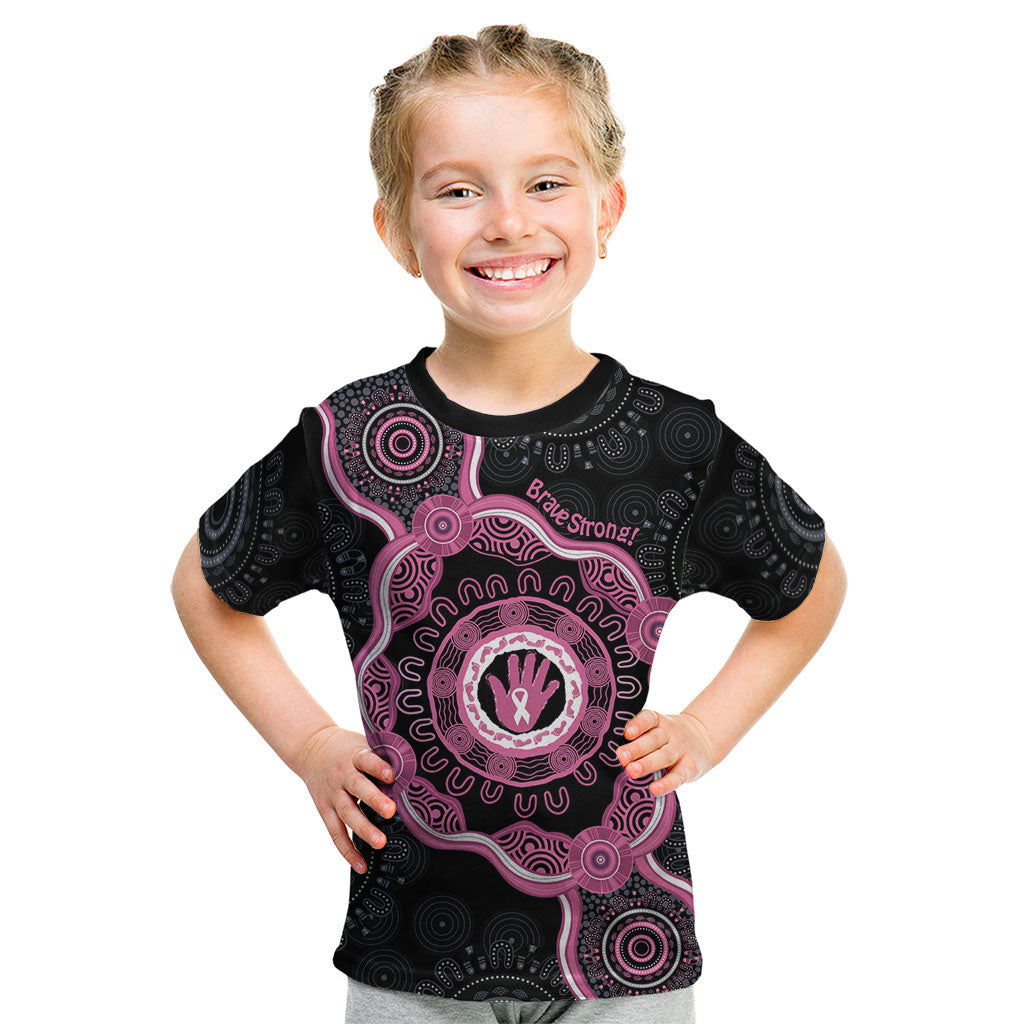 Personalised Australia Breast Cancer Support Kid T Shirt Brave Strong Aboriginal Art