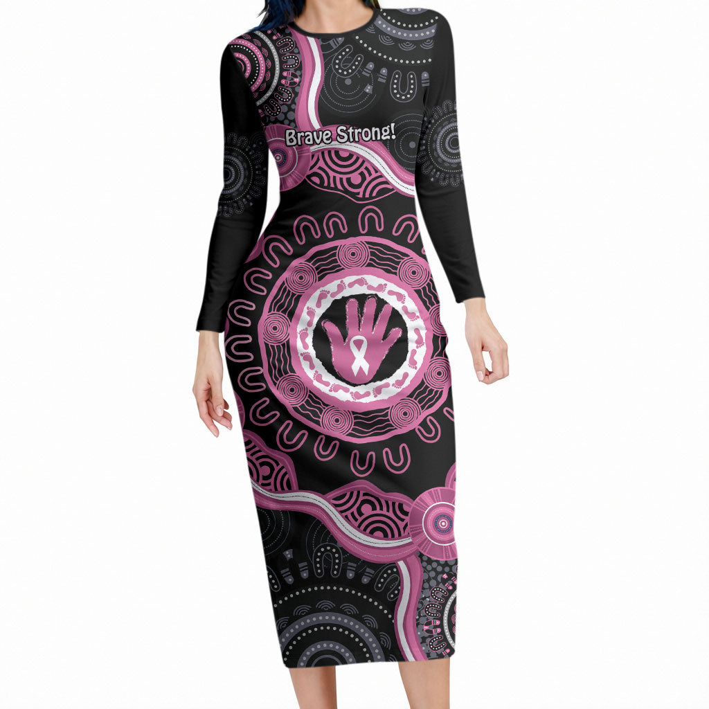 Personalised Australia Breast Cancer Support Long Sleeve Bodycon Dress Brave Strong Aboriginal Art