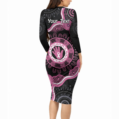 Personalised Australia Breast Cancer Support Long Sleeve Bodycon Dress Brave Strong Aboriginal Art