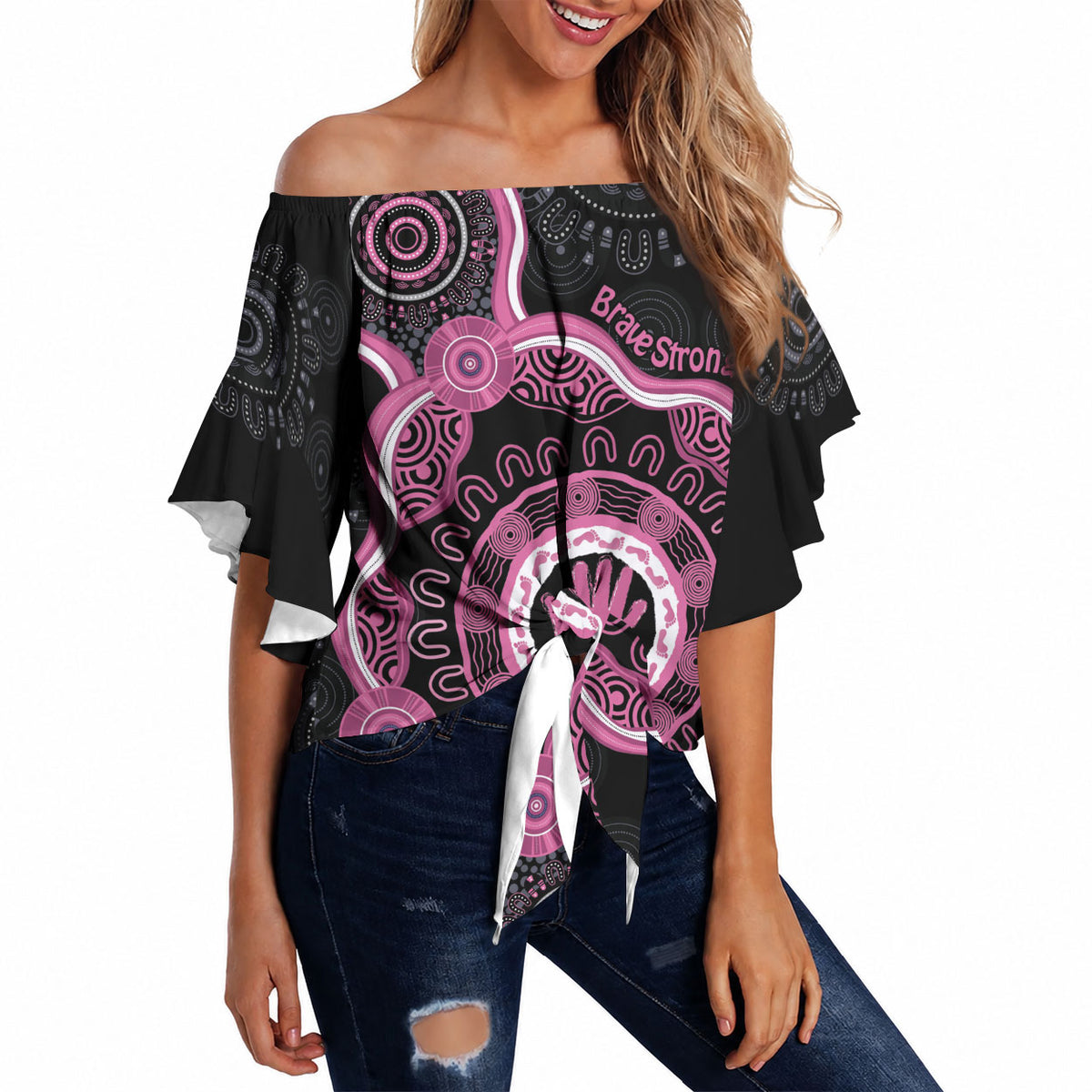 Personalised Australia Breast Cancer Support Off Shoulder Wrap Waist Top Brave Strong Aboriginal Art