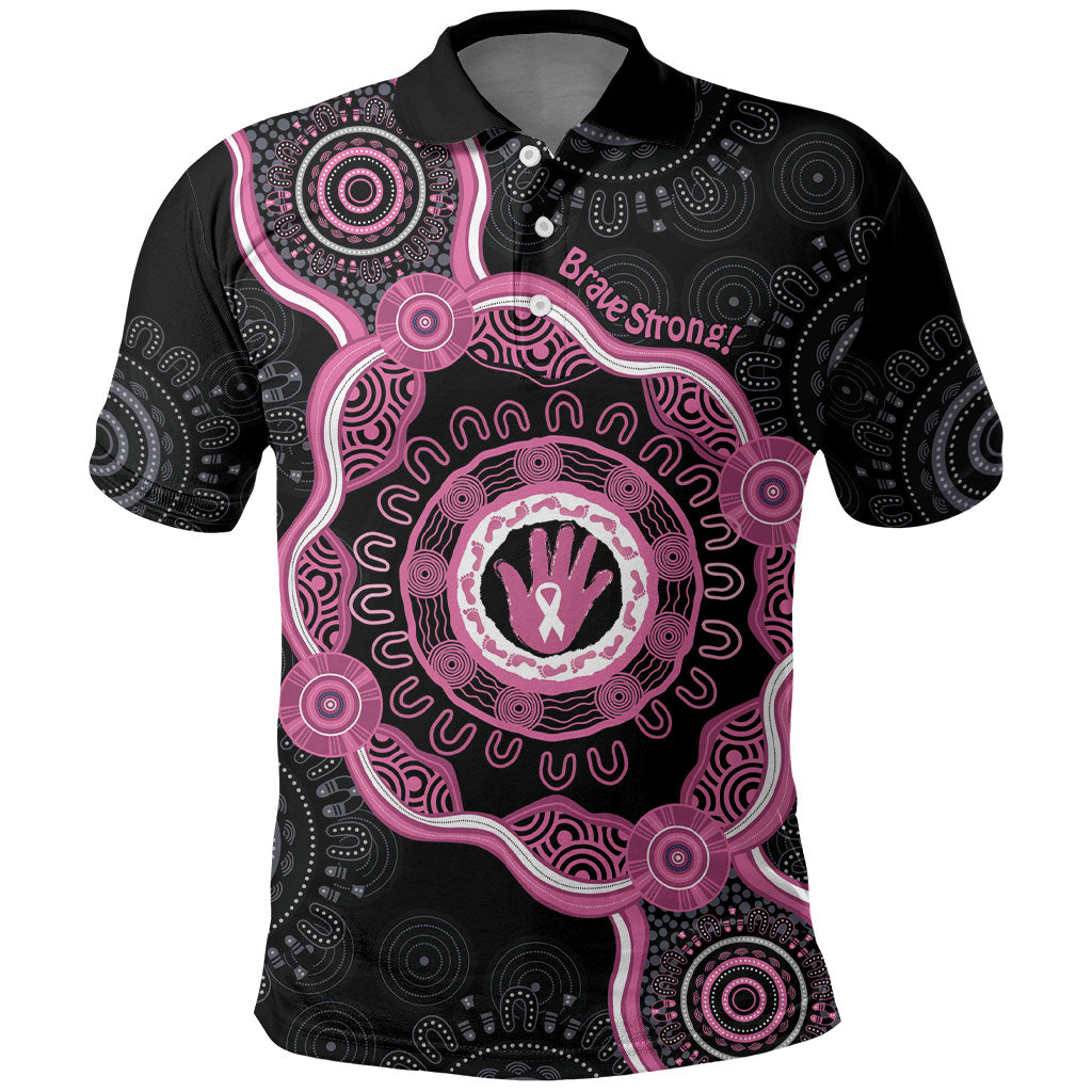 Personalised Australia Breast Cancer Support Polo Shirt Brave Strong Aboriginal Art