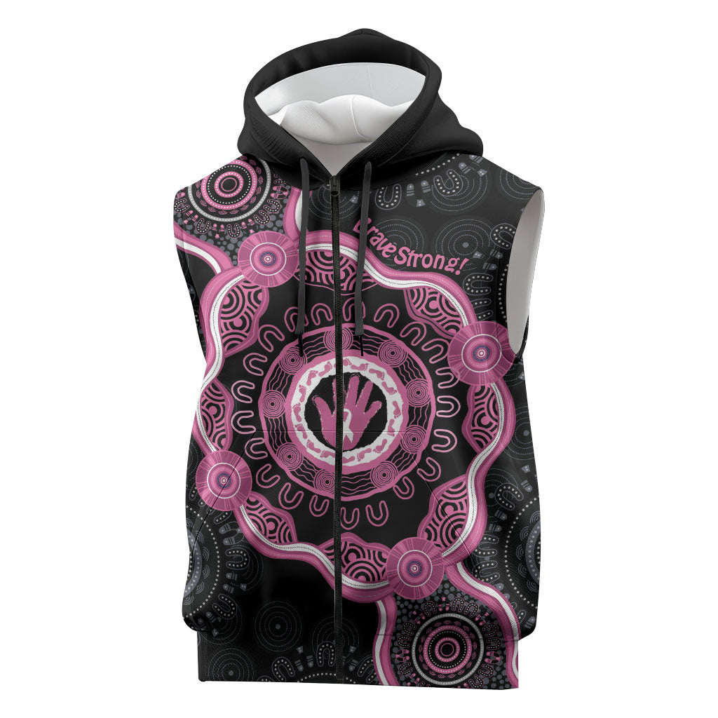 Personalised Australia Breast Cancer Support Sleeveless Zip Hoodie Brave Strong Aboriginal Art
