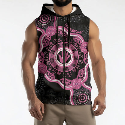 Personalised Australia Breast Cancer Support Sleeveless Zip Hoodie Brave Strong Aboriginal Art