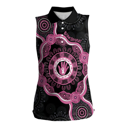 Personalised Australia Breast Cancer Support Women Sleeveless Polo Shirt Brave Strong Aboriginal Art